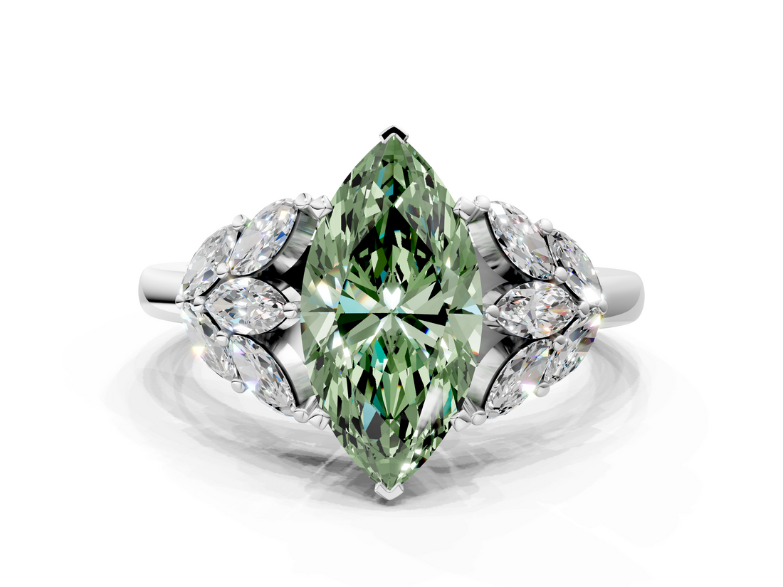 White gold Fancy Green Marquise  Diamond Cluster Leaf Design Ring with Prong Setting_54