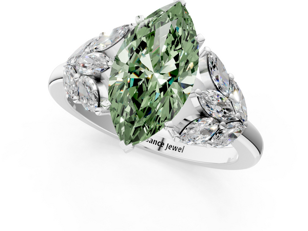 White gold Fancy Green Marquise  Diamond Cluster Leaf Design Ring with Prong Setting