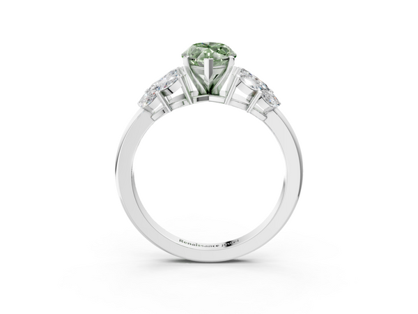 White gold Fancy Green Marquise  Diamond Cluster Leaf Design Ring with Prong Setting