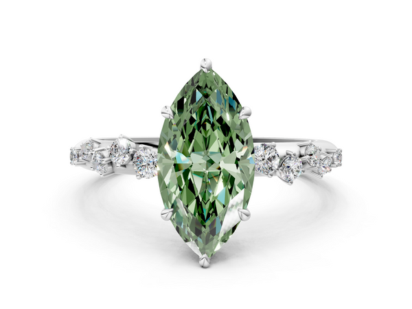 White gold Fancy Green Marquise  Diamond Cluster Prong-Set Solitaire Ring
