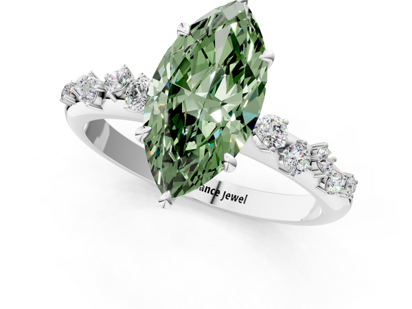 White gold Fancy Green Marquise  Diamond Cluster Prong-Set Solitaire Ring