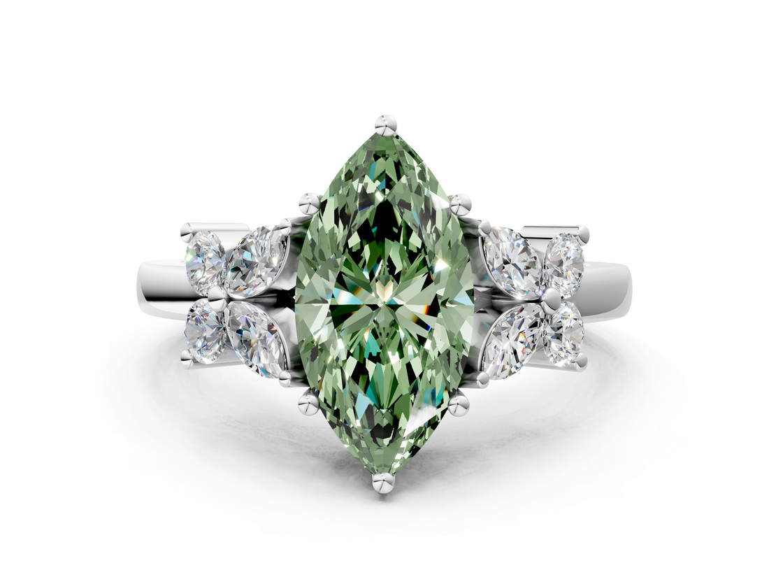 White gold Fancy Green Marquise  Diamond Floral Cluster Ring with Solitaire Band and Prong Setting_60