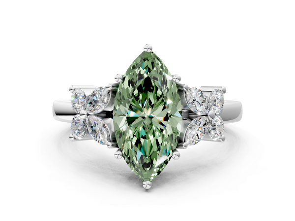 White gold Fancy Green Marquise  Diamond Floral Cluster Ring with Solitaire Band and Prong Setting