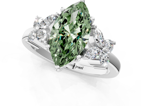 White gold Fancy Green Marquise  Diamond Floral Cluster Ring with Solitaire Band and Prong Setting