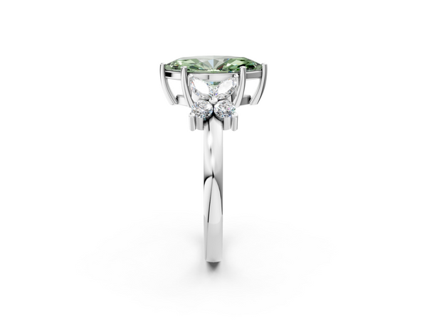 White gold Fancy Green Marquise  Diamond Floral Cluster Ring with Solitaire Band and Prong Setting