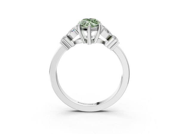 White gold Fancy Green Marquise  Diamond Floral Cluster Ring with Solitaire Band and Prong Setting