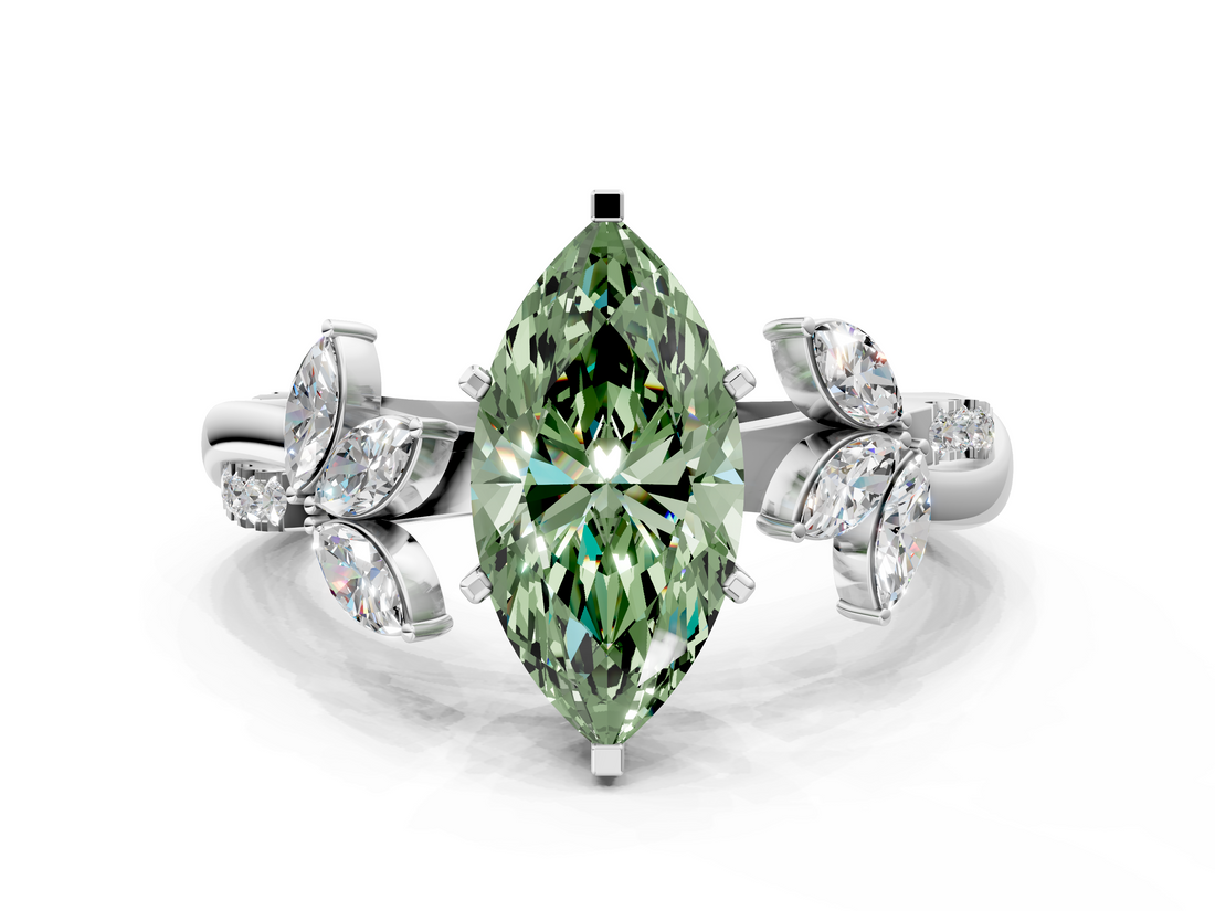 White gold Fancy Green Marquise  Diamond Floral Vine Solitaire Engagement Ring_3