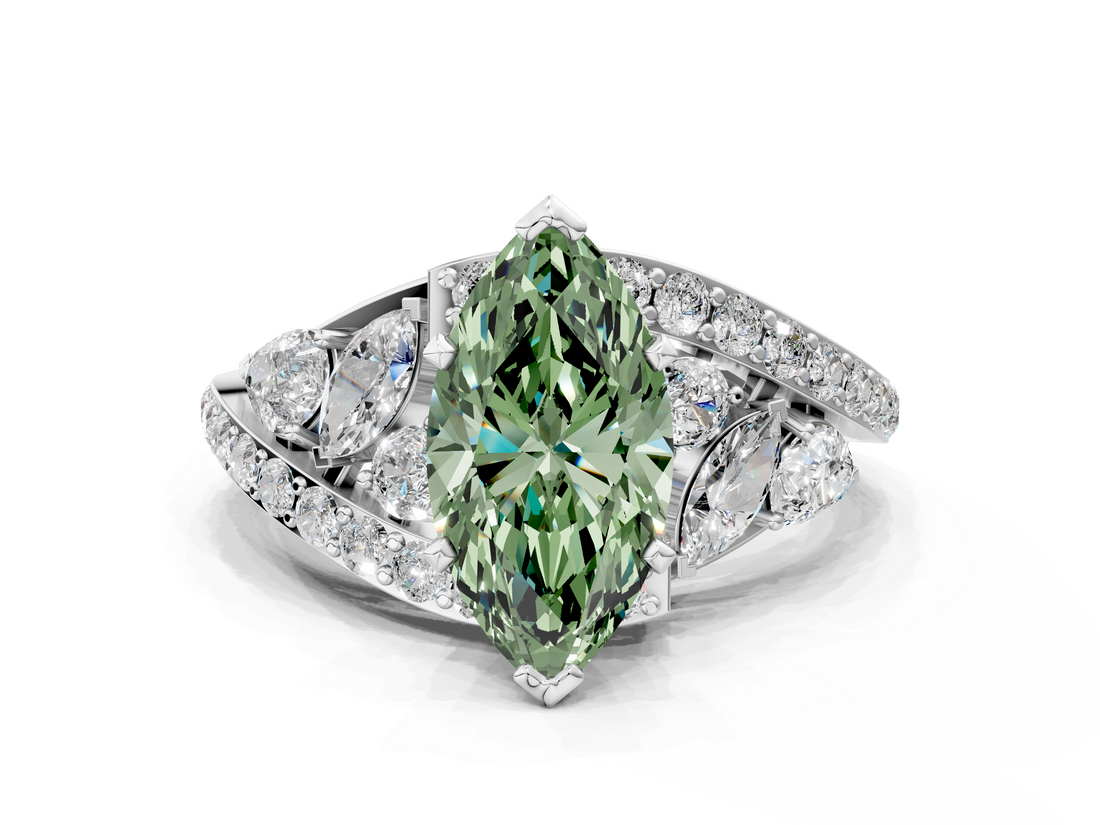 White gold Fancy Green Marquise  Diamond Halo Ring with Marquise and Pavé Band in Prong Setting_37