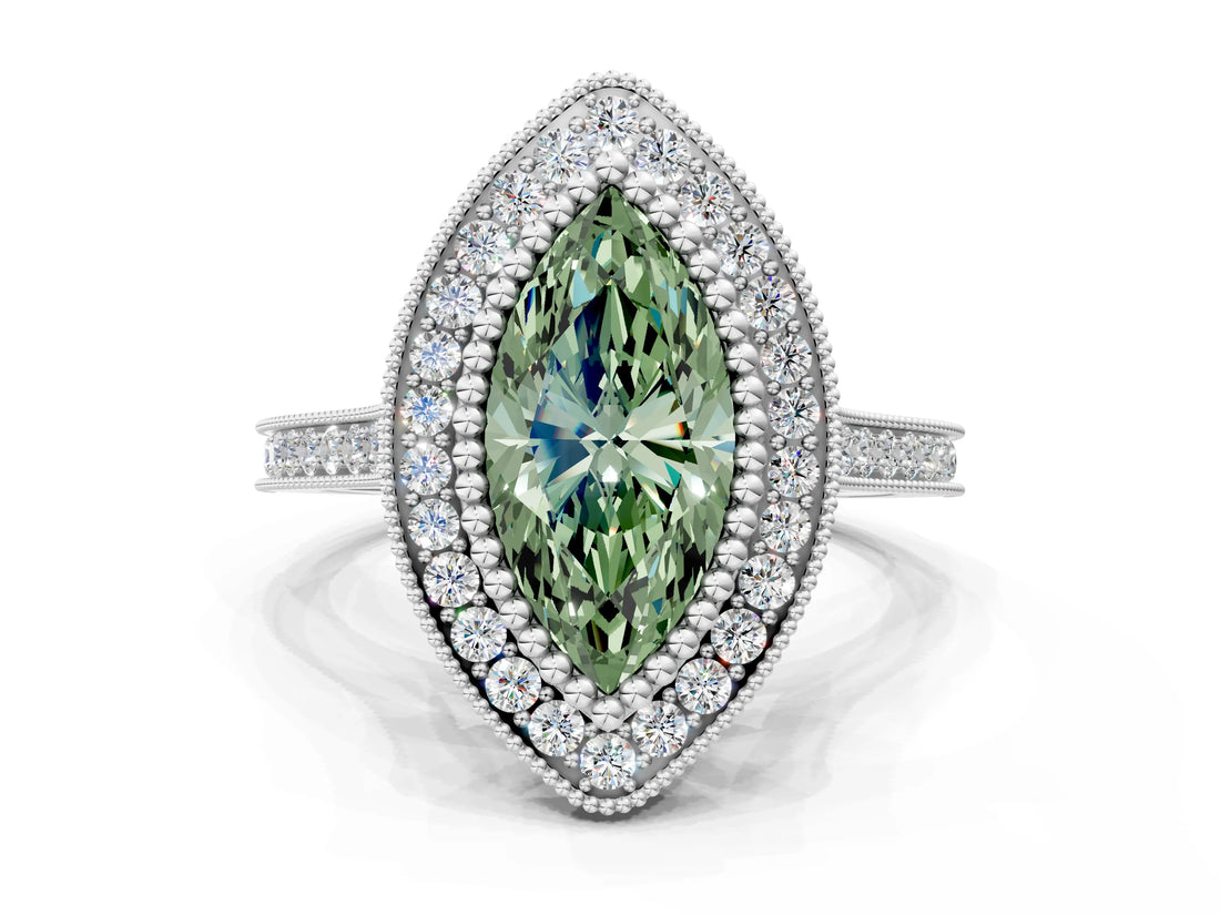 White gold Fancy Green Marquise  Diamond Halo Ring with Milgrain Frame and Pavé Band_72