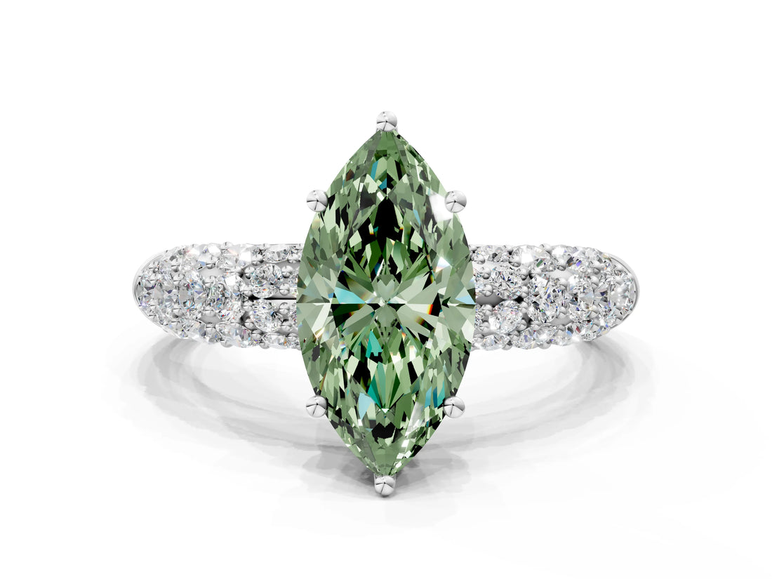 White gold Fancy Green Marquise  Diamond Pavé Band Solitaire Ring with Four-Prong Setting_49
