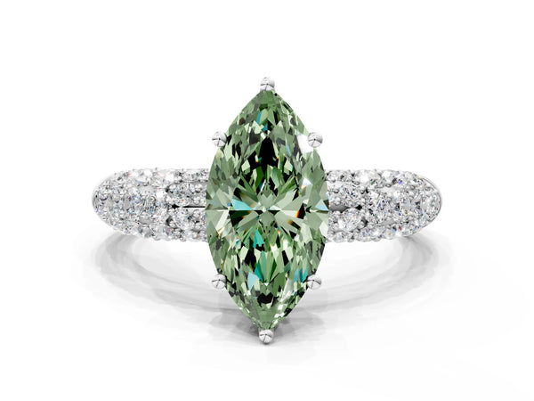 White gold Fancy Green Marquise  Diamond Pavé Band Solitaire Ring with Four-Prong Setting