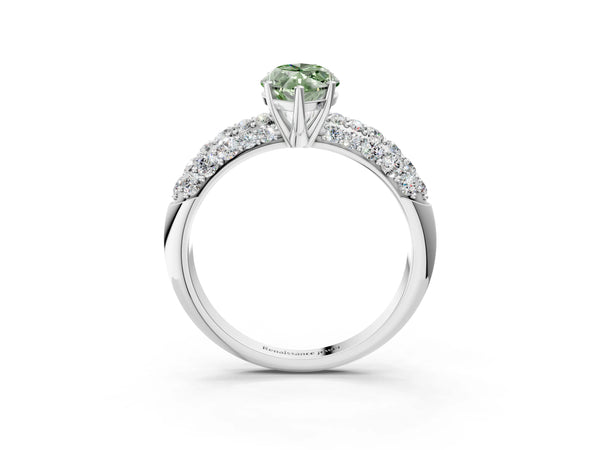 White gold Fancy Green Marquise  Diamond Pavé Band Solitaire Ring with Four-Prong Setting
