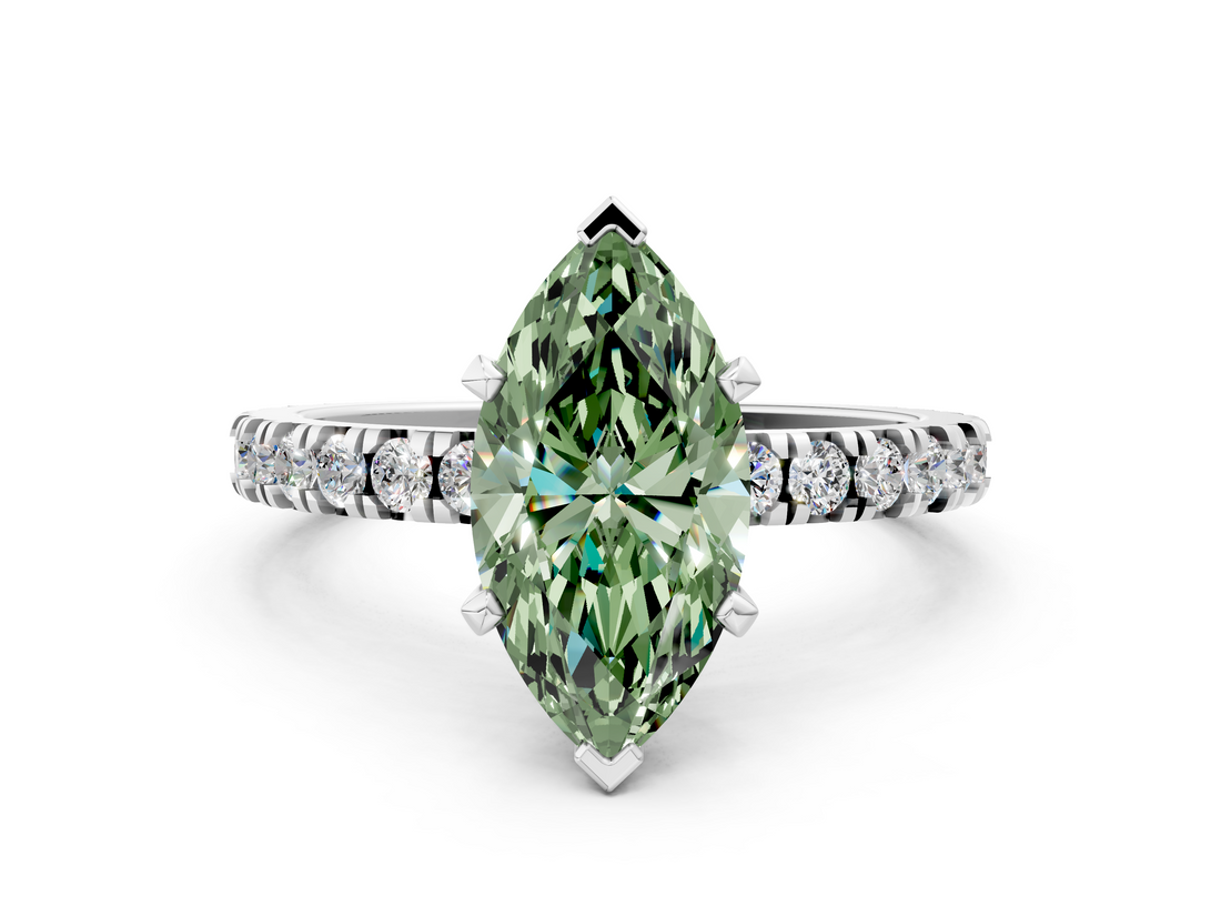 White gold Fancy Green Marquise  Diamond Pavé Band Solitaire with Four-Prong Setting_211