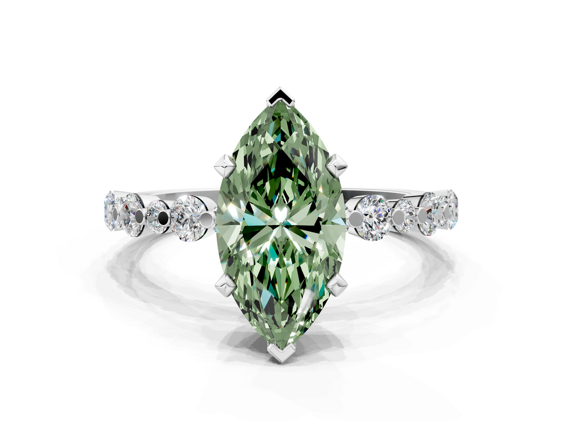 White gold Fancy Green Marquise  Diamond Prong Set Engagement Ring with Pave Band_254