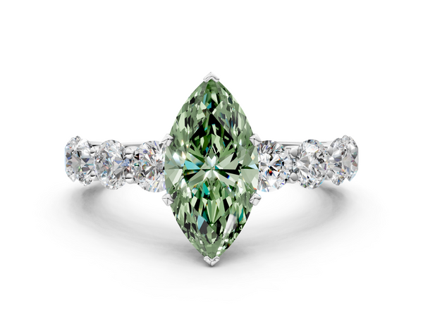 Platinum Fancy Green Marquise Cut Diamond Prong Setting with Side Stones on a Pave Band