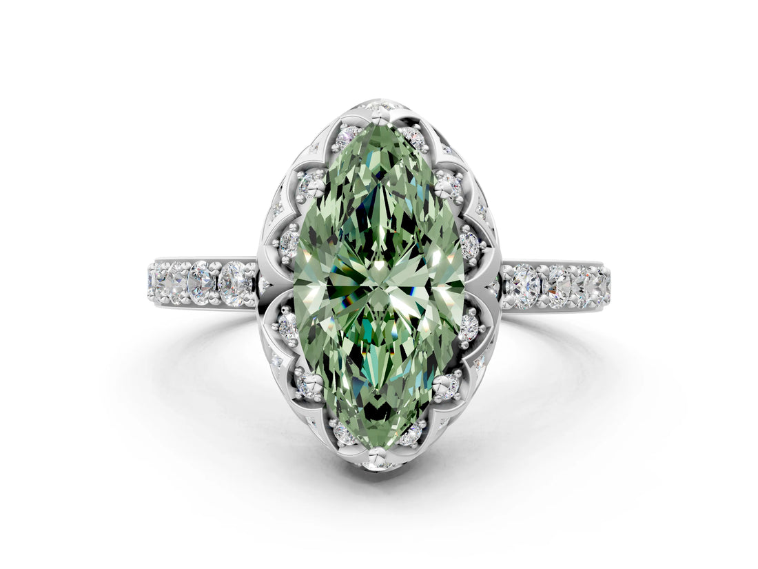 White gold Fancy Green Marquise  Diamond Solitaire Ring with Shared Prong Pavé Band_13