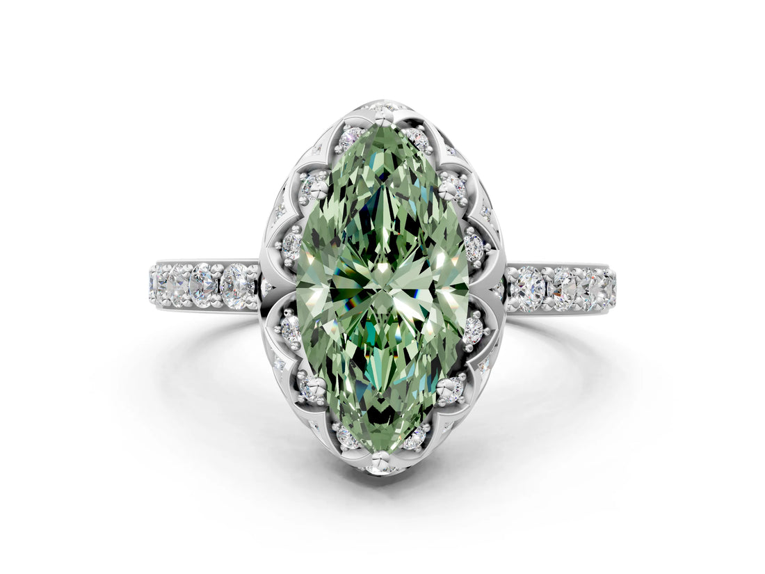 White gold Fancy Green Marquise  Diamond Solitaire Ring with Shared Prong Pavé Band_77