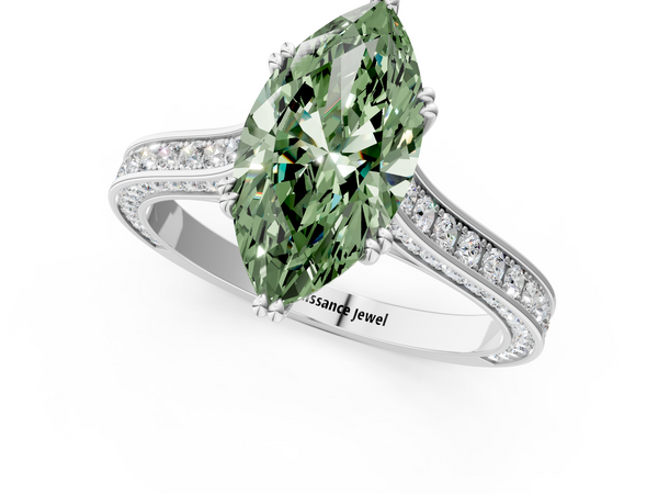 Platinum Fancy Green Marquise  Diamond Solitaire with Pave Band and Six-Prong Setting