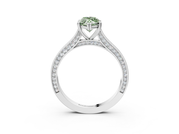 Platinum Fancy Green Marquise  Diamond Solitaire with Pave Band and Six-Prong Setting