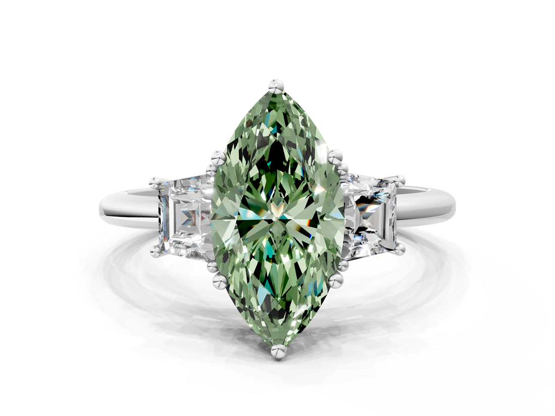 White gold Fancy Green Marquise  Diamond Three-Stone Ring with Trapezoid Side Stones and Prong Setting_17