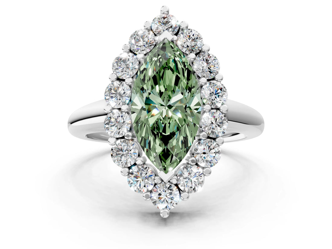 White gold Fancy Green Marquise  Halo Cluster Diamond Engagement Ring with Prong Setting and Polished Band_19