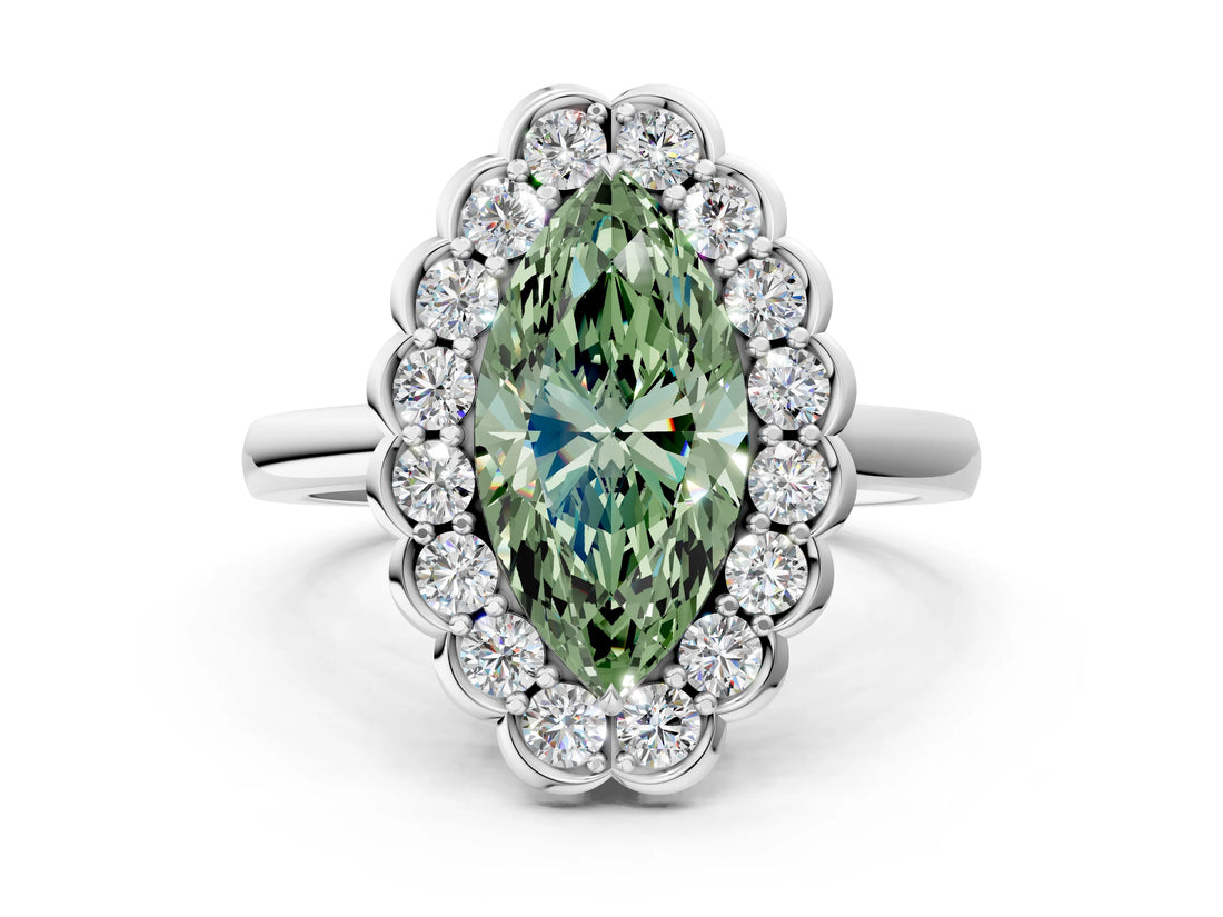 White gold Fancy Green Marquise  Halo Cluster Diamond Engagement Ring with Solitaire Band and Prong Setting_83