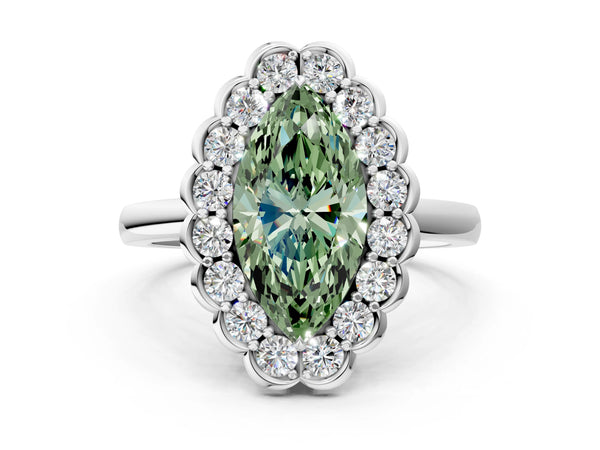 Platinum Fancy Green Marquise  Halo Cluster Diamond Engagement Ring with Solitaire Band and Prong Setting