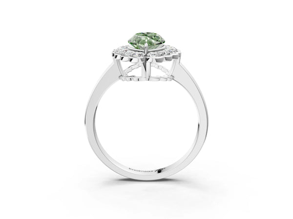 Platinum Fancy Green Marquise  Halo Cluster Diamond Engagement Ring with Solitaire Band and Prong Setting