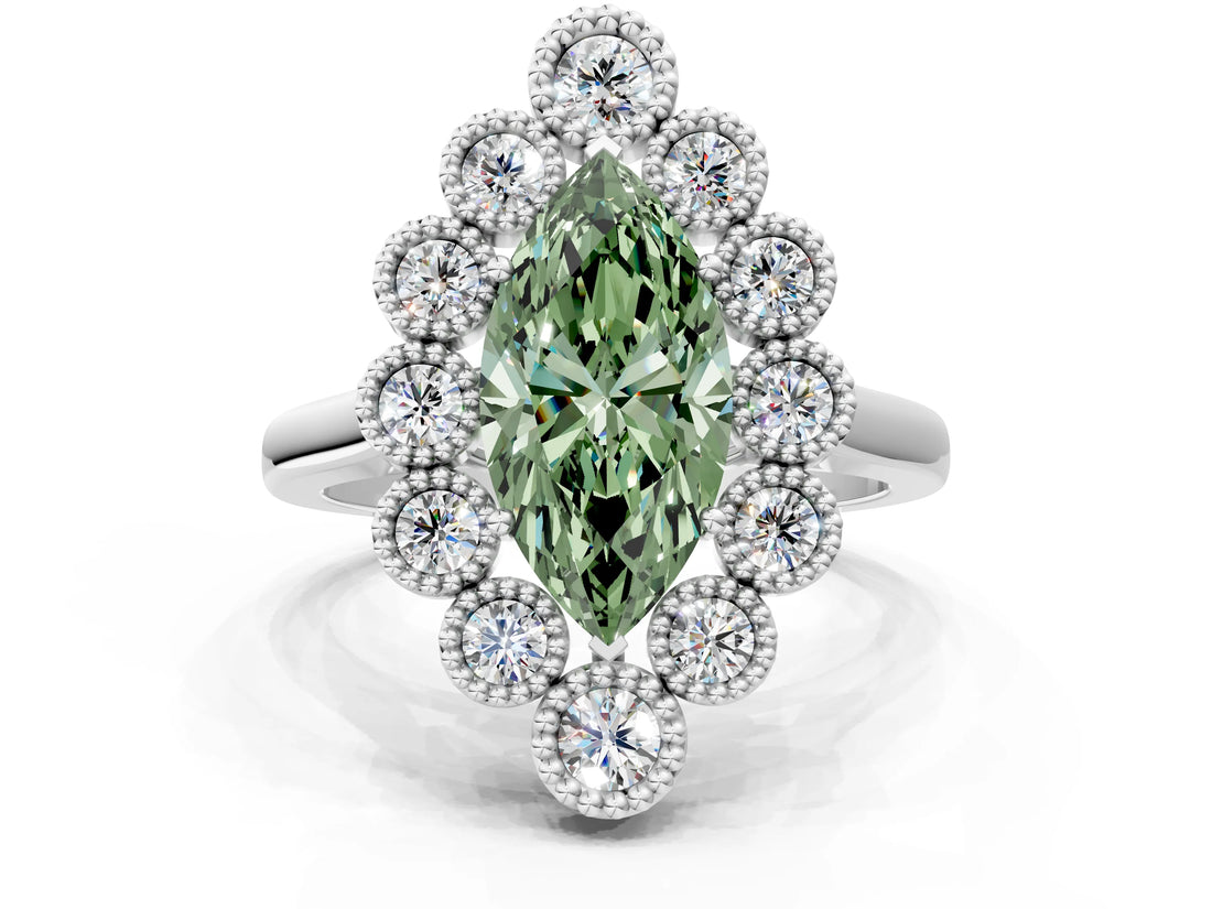White gold Fancy Green Marquise  Halo Diamond Cluster Engagement Ring with Milgrain Bezel Setting and Solitaire Band_57