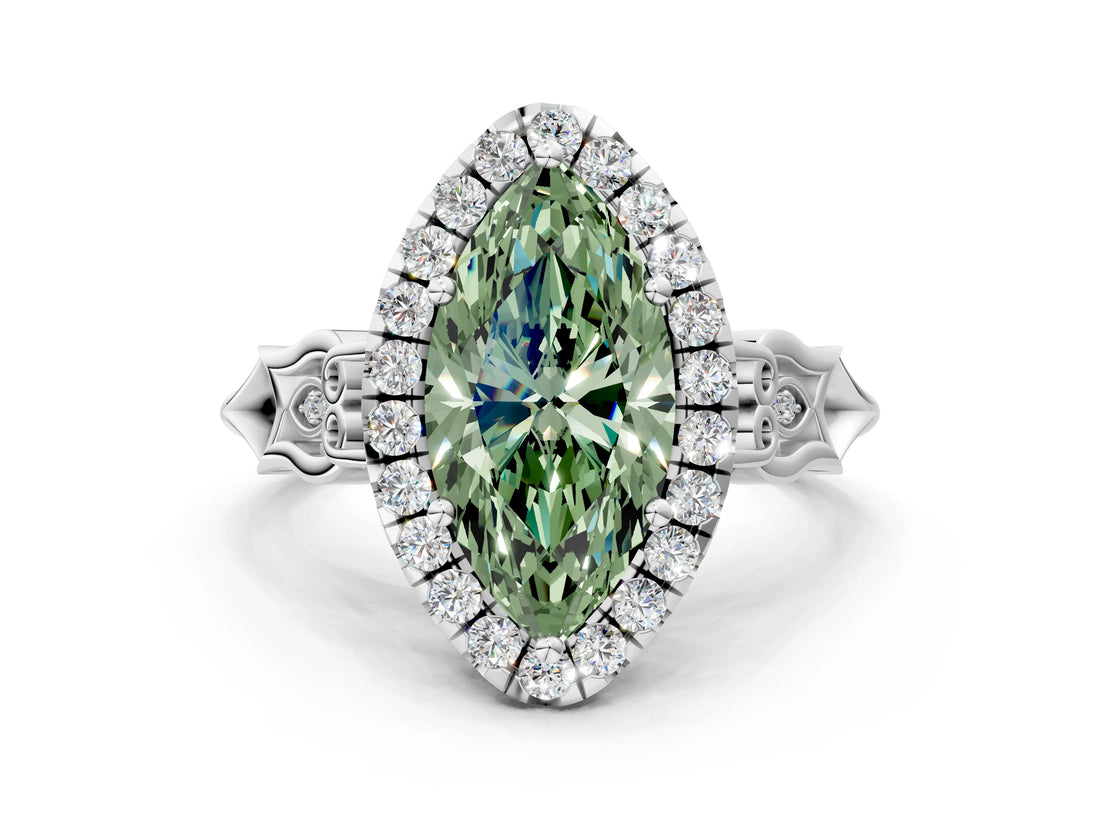 White gold Fancy Green Marquise  Halo Diamond Engagement Ring with Filigree Band and Four-Prong Setting_105