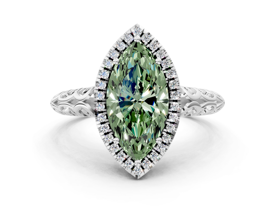 White gold Fancy Green Marquise  Halo Diamond Engagement Ring with Intricate Filigree Band and Four-Prong Setting_89