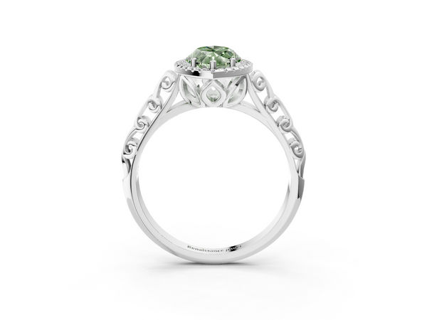 Platinum Fancy Green Marquise  Halo Diamond Engagement Ring with Intricate Filigree Band and Four-Prong Setting