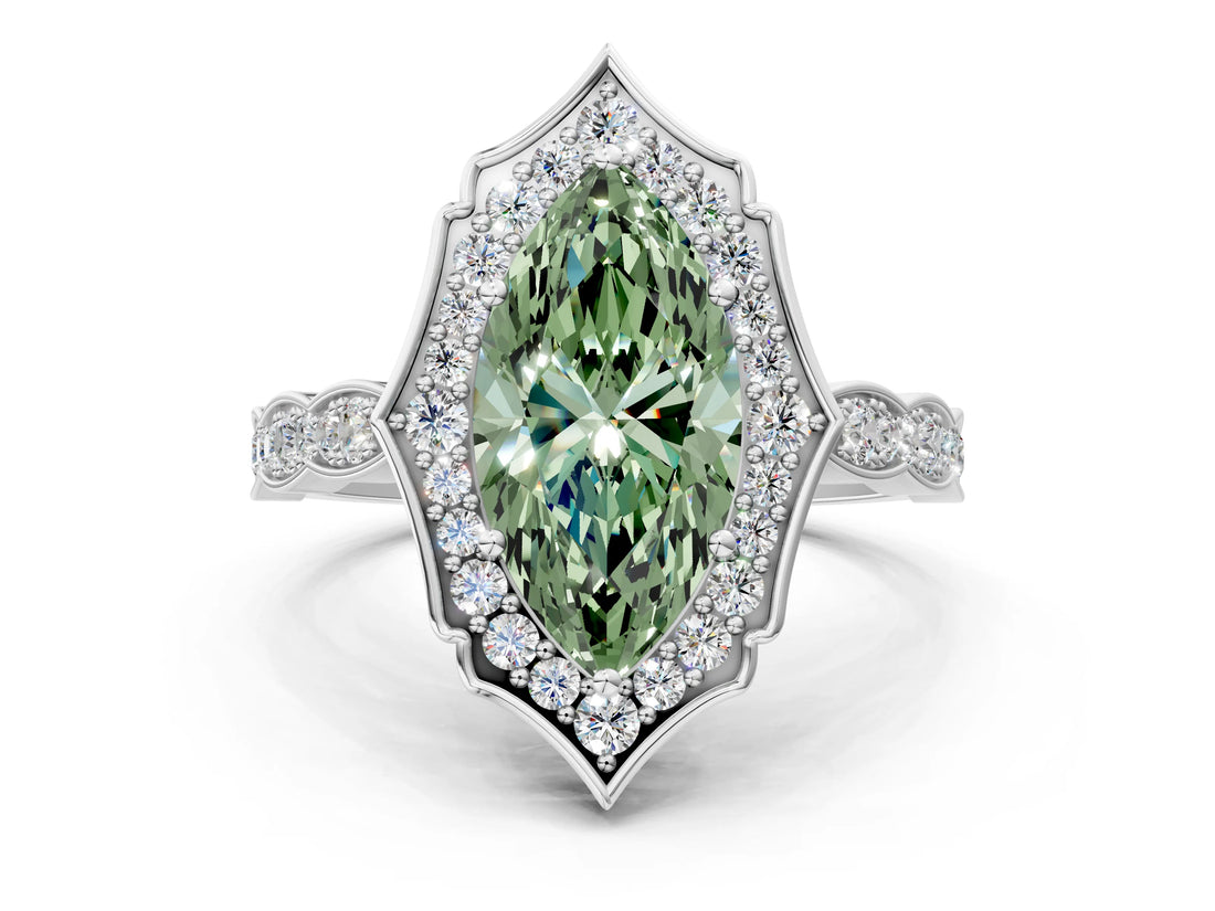 White gold Fancy Green Marquise  Halo Diamond Engagement Ring with Milgrain Band and Four-Prong Setting_49