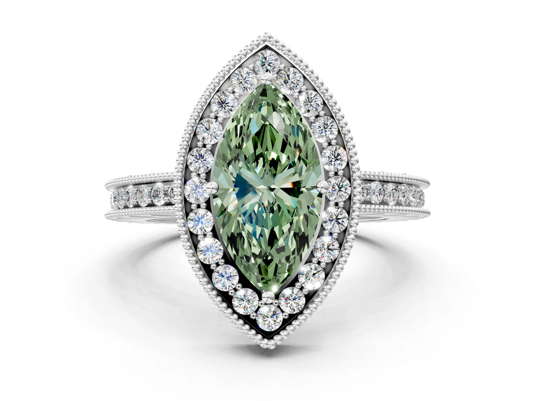 White gold Fancy Green Marquise  Halo Diamond Engagement Ring with Milgrain Pave Band and Four-Prong Setting_111