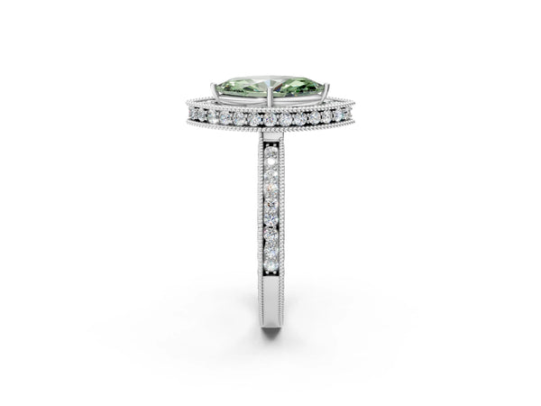 Platinum Fancy Green Marquise  Halo Diamond Engagement Ring with Milgrain Pave Band and Four-Prong Setting
