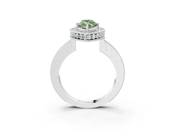 Platinum Fancy Green Marquise  Halo Diamond Engagement Ring with Milgrain Pave Band and Four-Prong Setting