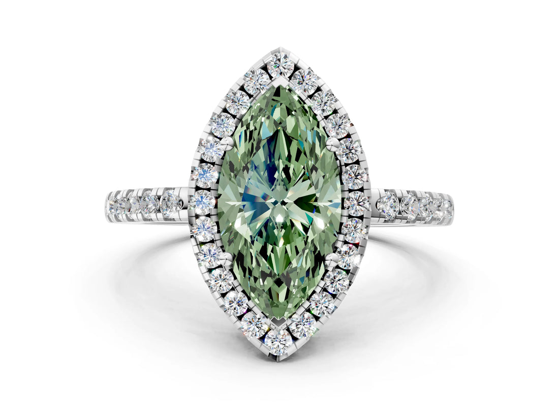 White gold Fancy Green Marquise  Halo Diamond Engagement Ring with Pavé Band and Four-Prong Setting_117