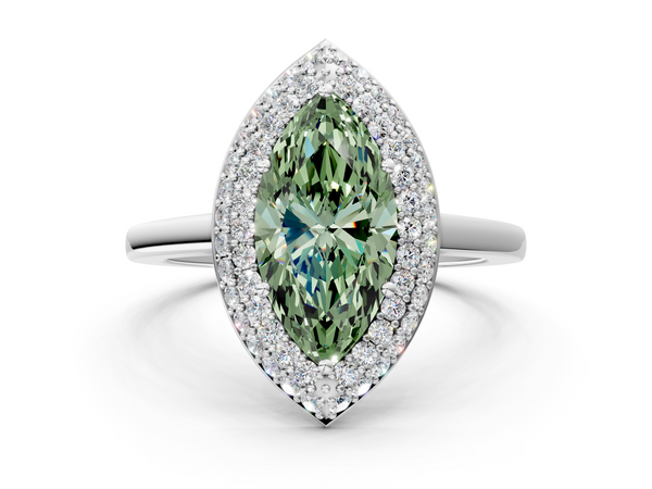 Platinum Fancy Green Marquise  Halo Diamond Engagement Ring with Solitaire Band and Four-Prong Setting