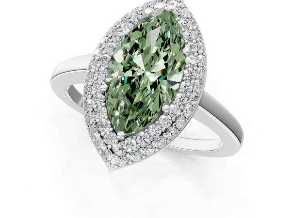 Platinum Fancy Green Marquise  Halo Diamond Engagement Ring with Solitaire Band and Four-Prong Setting