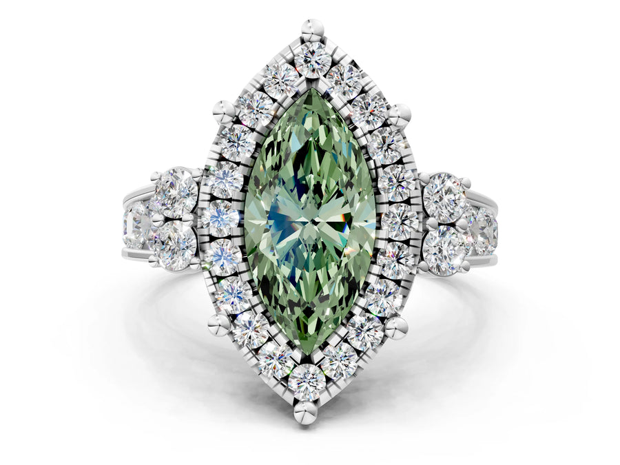 White gold Fancy Green Marquise  Halo Diamond Engagement Ring with Split Shank and Four-Prong Setting