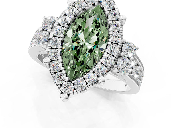 White gold Fancy Green Marquise  Halo Diamond Engagement Ring with Split Shank and Four-Prong Setting