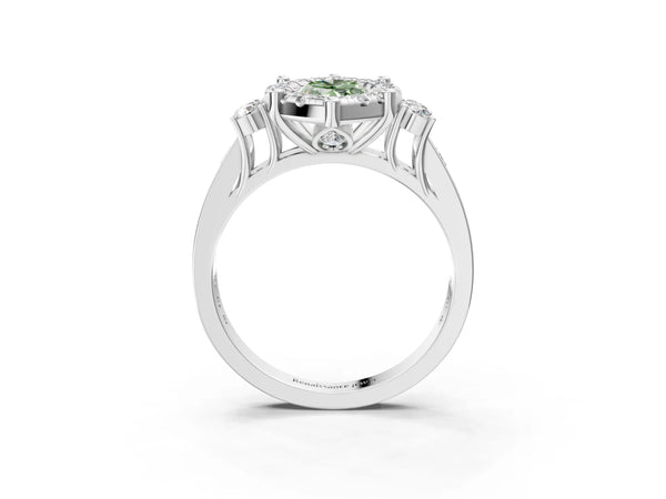 Platinum Fancy Green Marquise  Halo Diamond Engagement Ring with Split Shank and Four-Prong Setting