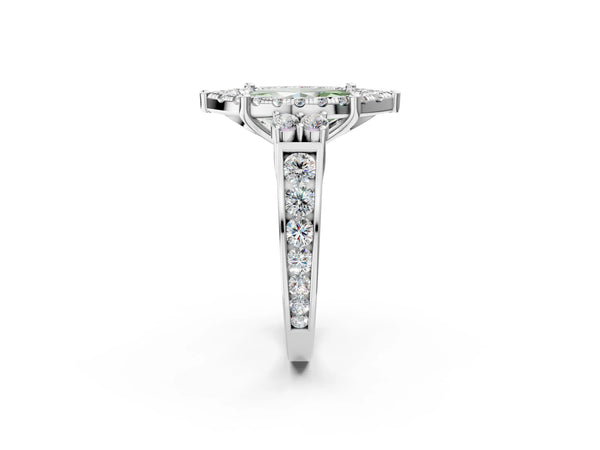 White gold Fancy Green Marquise  Halo Diamond Engagement Ring with Split Shank and Four-Prong Setting