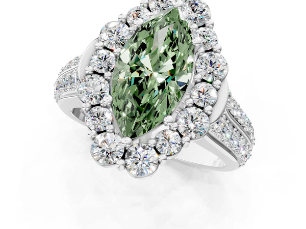 White gold Fancy Green Marquise  Halo Diamond Engagement Ring with Split Shank and Prong Setting