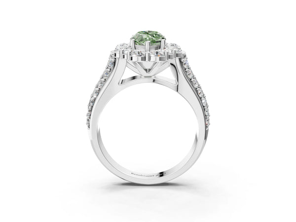 White gold Fancy Green Marquise  Halo Diamond Engagement Ring with Split Shank and Prong Setting