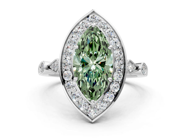 White gold Fancy Green Marquise  Halo Diamond Engagement Ring with Twisted Band and Four-Prong Setting