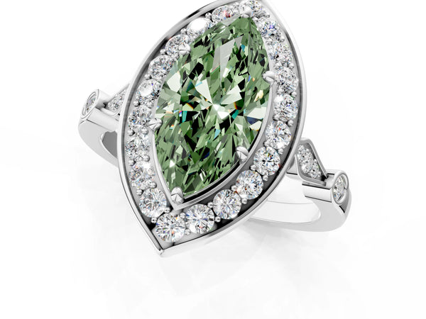 White gold Fancy Green Marquise  Halo Diamond Engagement Ring with Twisted Band and Four-Prong Setting