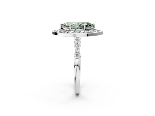 White gold Fancy Green Marquise  Halo Diamond Engagement Ring with Twisted Band and Four-Prong Setting