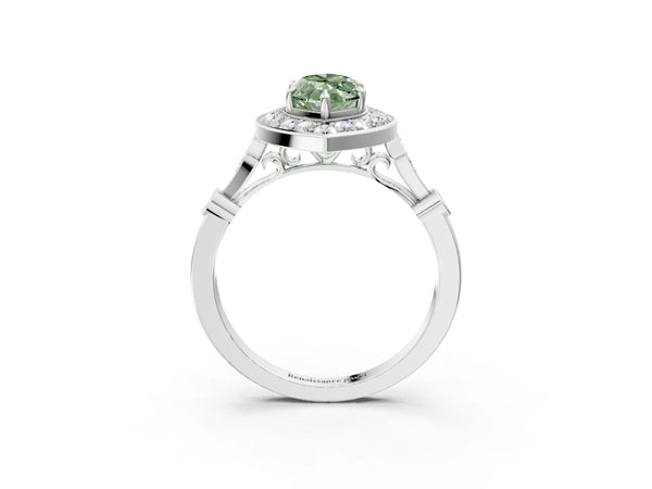 White gold Fancy Green Marquise  Halo Diamond Engagement Ring with Twisted Band and Four-Prong Setting