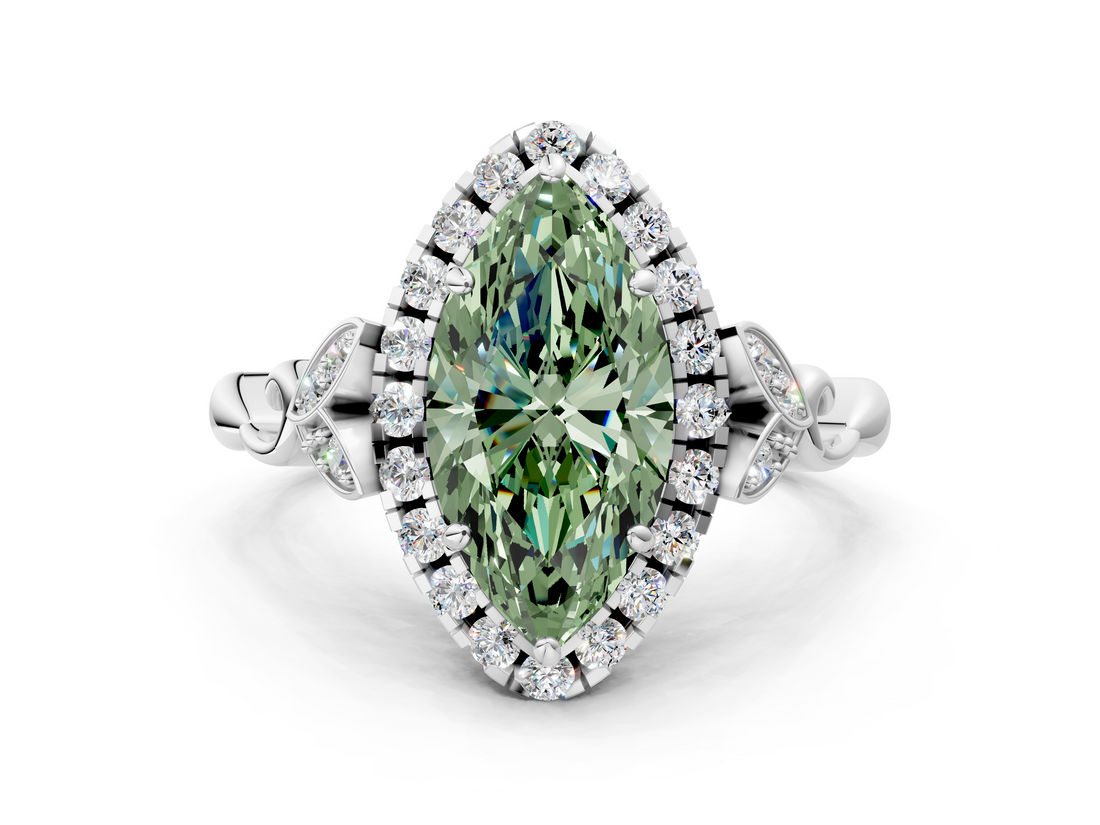 White gold Fancy Green Marquise  Halo Diamond Engagement Ring with Vintage-Inspired Band and Four-Prong Setting_3